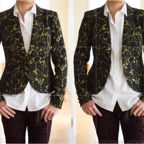 Banana Republic L’Wren Scott Black & Bright Celery Glam Brocade Blazer Jacket - Picture 2 of 16
